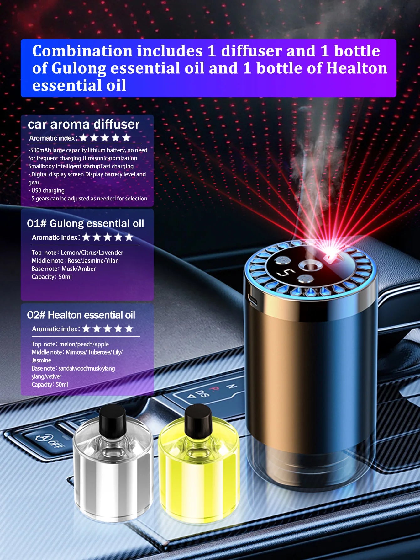 Five different kinds of essential oils, a car-mounted aroma diffuser, and a rechargeable multicoloured romantic starlight lamp