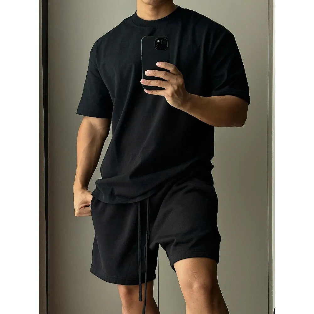 Men's Trendy European and American High Street Loose Sports and Leisure T-shirt, Pure Cotton Short Sleeved Shorts Set