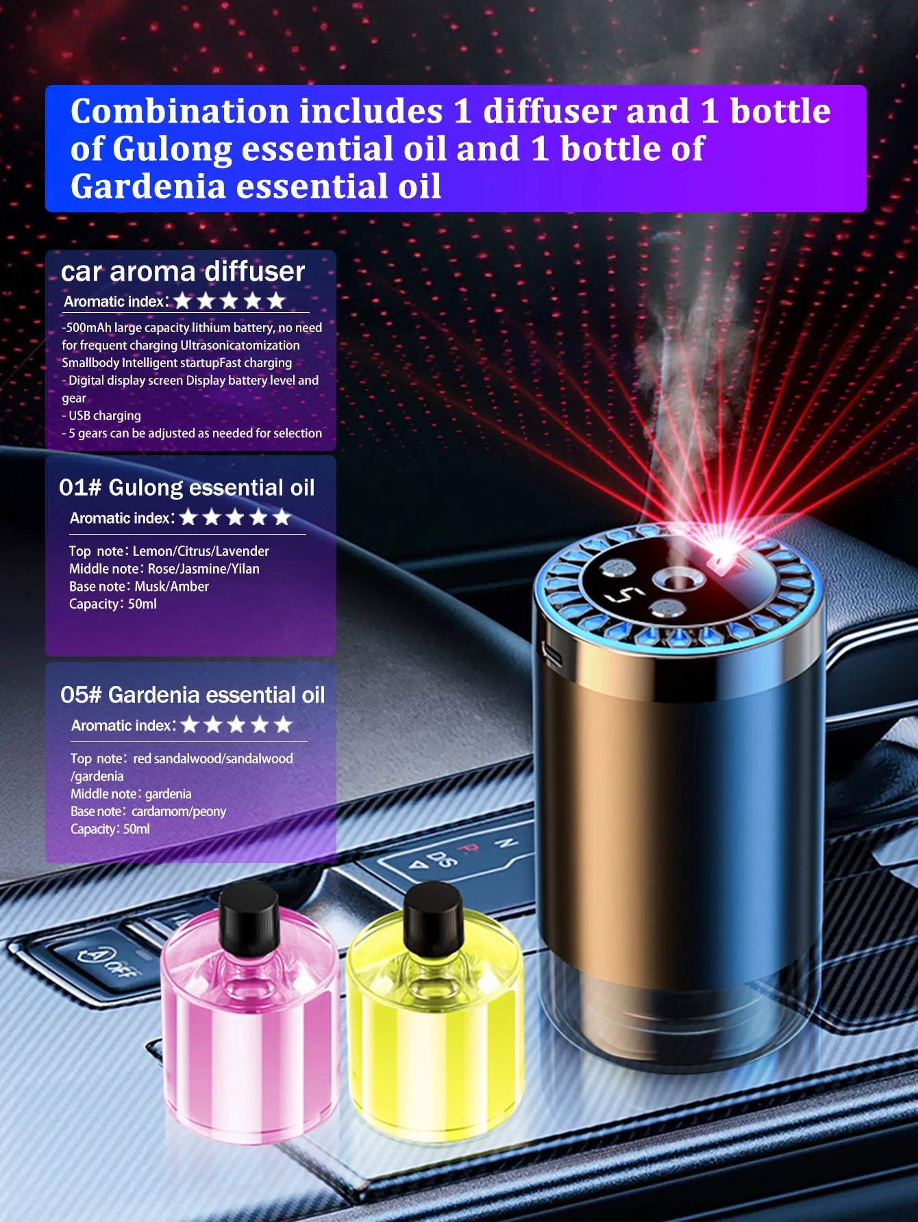 Five different kinds of essential oils, a car-mounted aroma diffuser, and a rechargeable multicoloured romantic starlight lamp