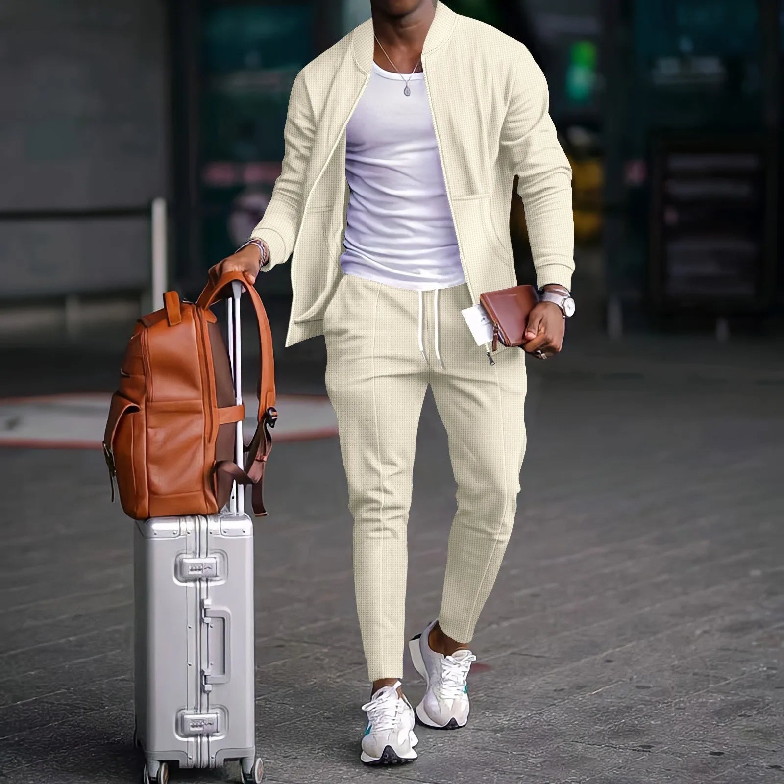 Men's stand collar, solid colour baseball casual, waffle full trousers, two men's suits, men's clothing, spring and fall 2026