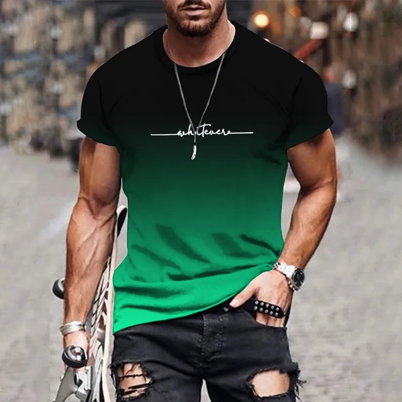 Men's Gradient Letter Printed Comfortable and Breathable Round-Neck T-Shirt for Outdoor Street Fashion in 2025