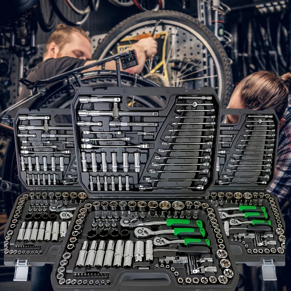150/46 pieces of a multipurpose, auto-mechanical toolkit with a socket, wrench, and ratchet set