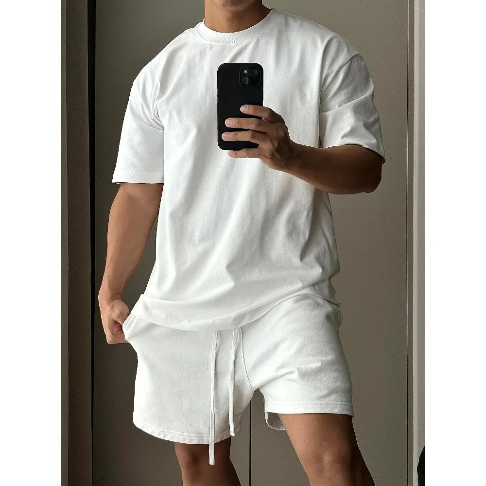 Men's Trendy European and American High Street Loose Sports and Leisure T-shirt, Pure Cotton Short Sleeved Shorts Set