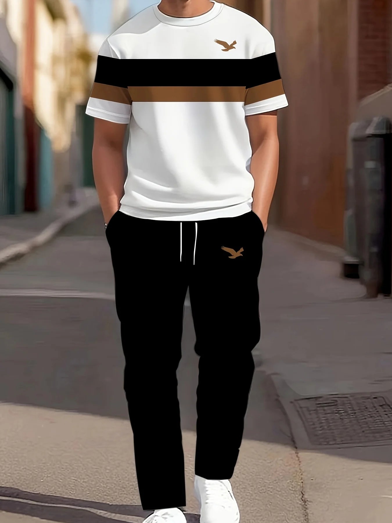 The new summer 2025 men's set with 3D striped prints is a stylish and laid-back piece of outdoor sportswear.