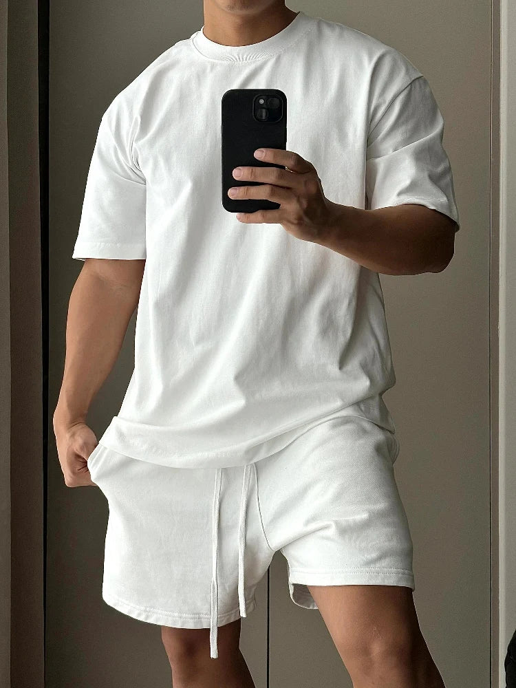Men's Trendy European and American High Street Loose Sports and Leisure T-shirt, Pure Cotton Short Sleeved Shorts Set