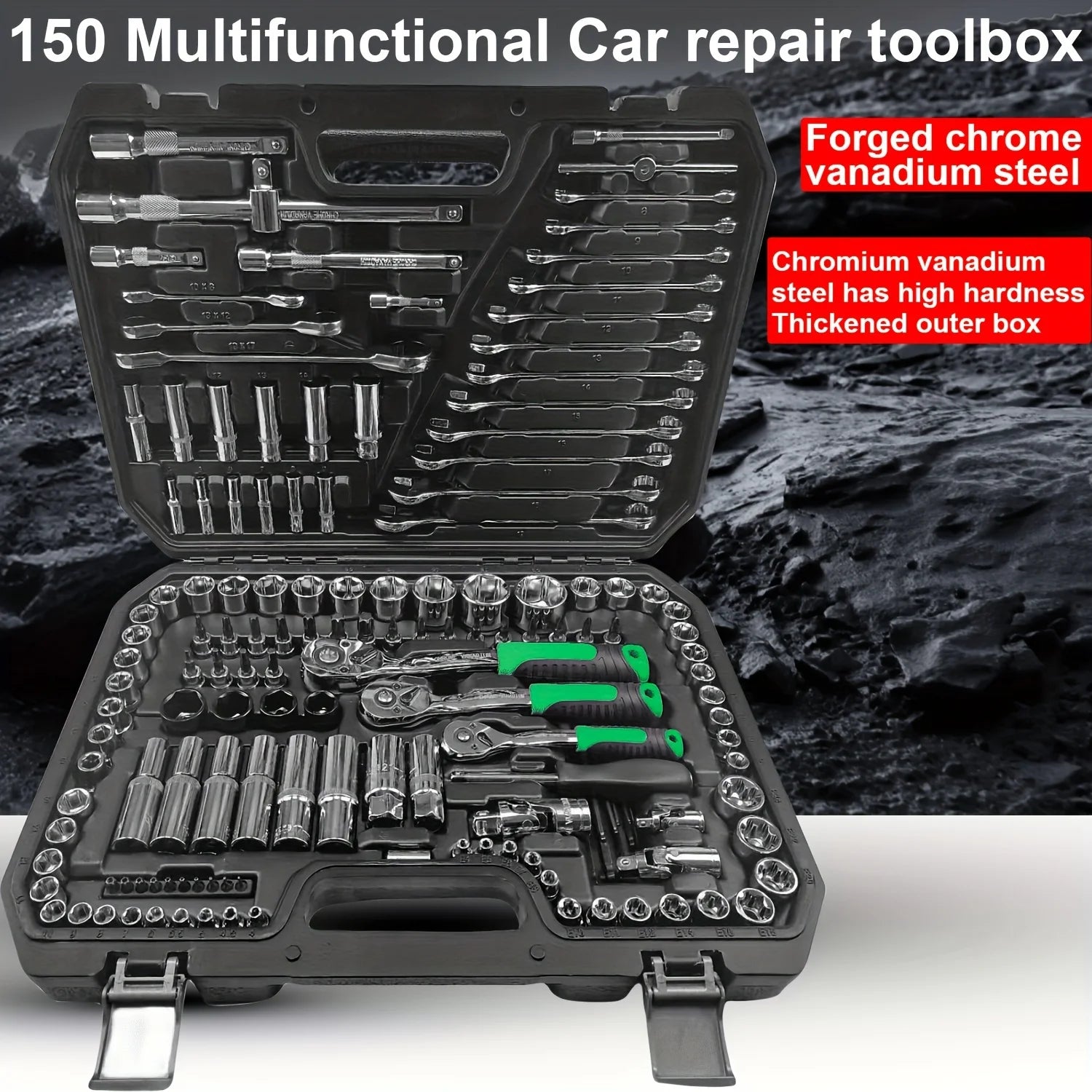 150/46 pieces of a multipurpose, auto-mechanical toolkit with a socket, wrench, and ratchet set