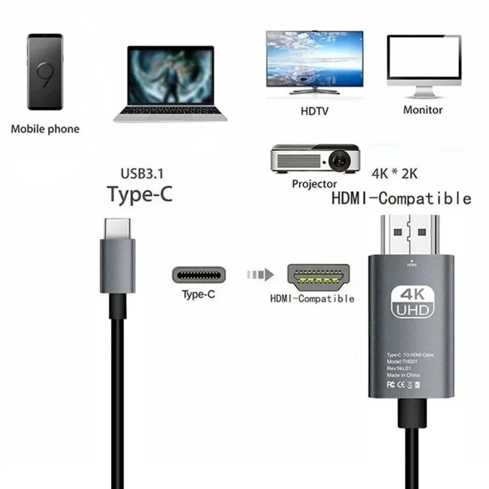 Braided Screen Projection Cable Type C to HD 4K 60Hz HD Video Conversion Cable USB C to HDTV Adapter