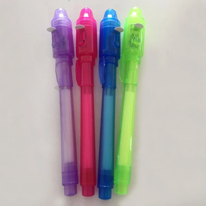 One-fourth of an invisible ink pen with a UV light, a magic marker for secret messages, treasure box prizes, party favours for kids, and toys as gifts