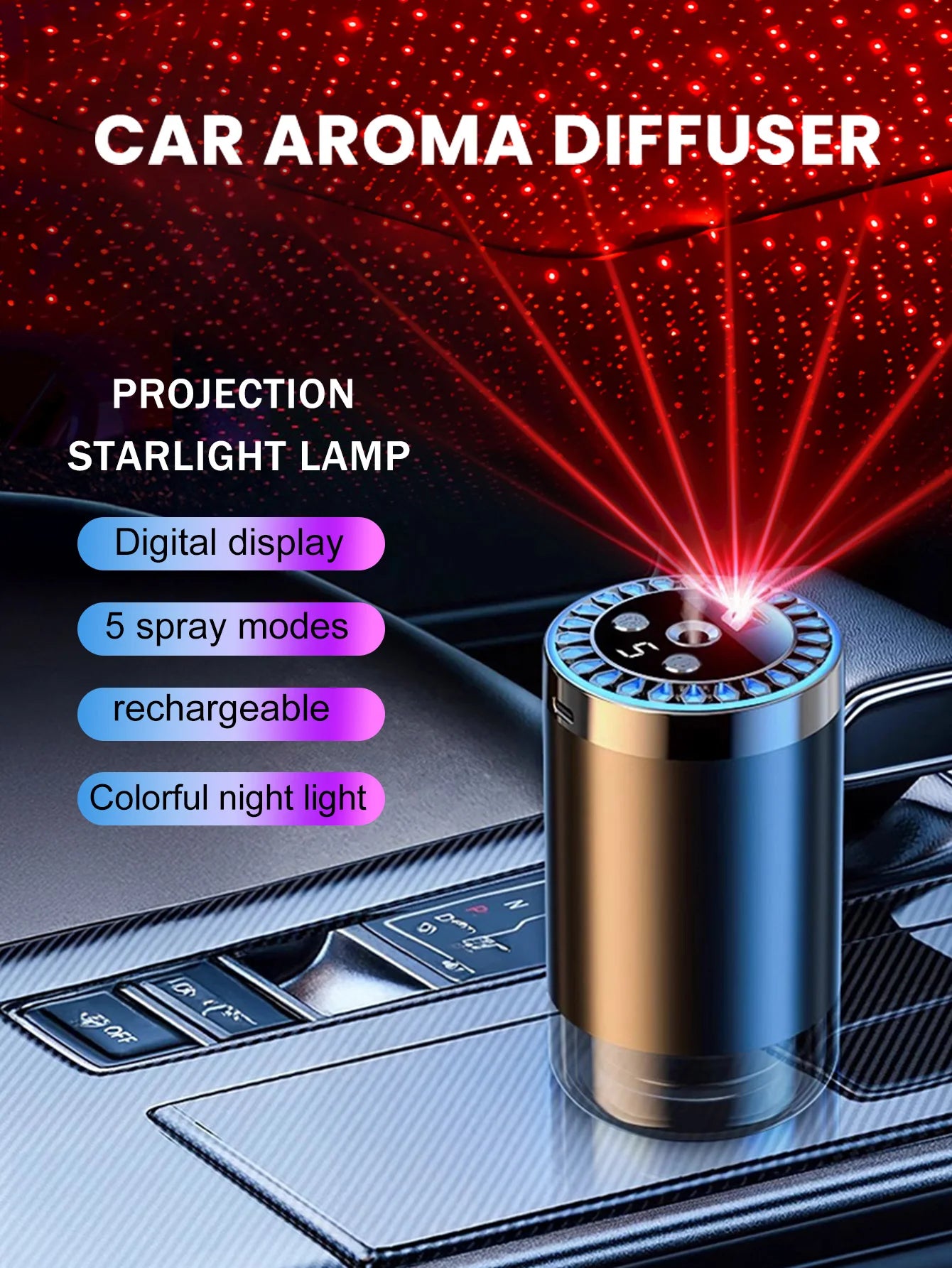 Five different kinds of essential oils, a car-mounted aroma diffuser, and a rechargeable multicoloured romantic starlight lamp