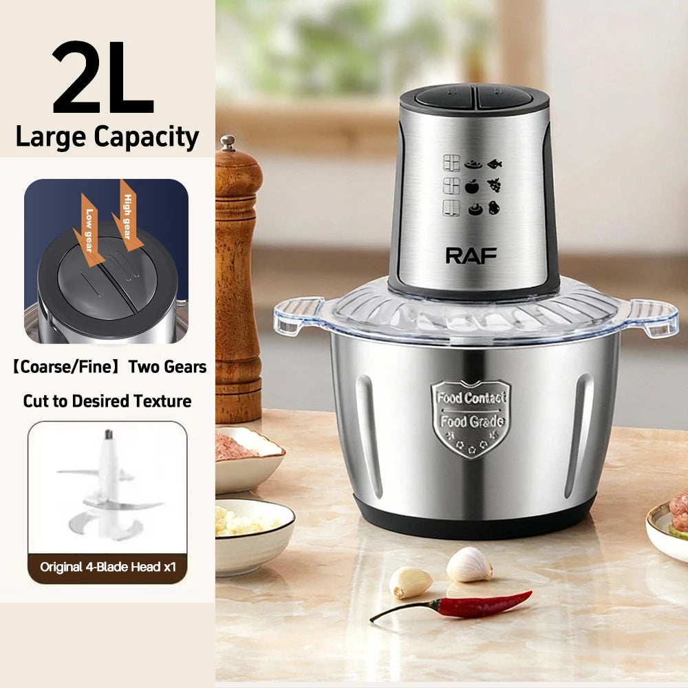 Two-speed electric stainless steel meat grinder, food processor, kitchen slicer, egg beater, and mincer for vegetables and garlic