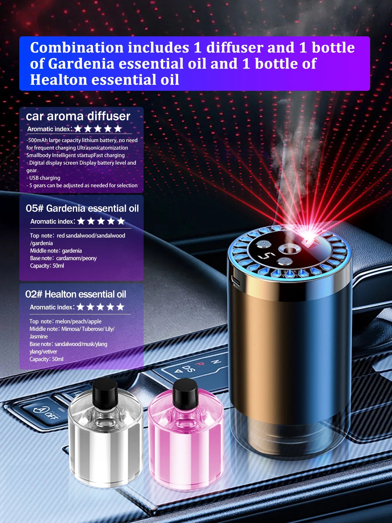 Five different kinds of essential oils, a car-mounted aroma diffuser, and a rechargeable multicoloured romantic starlight lamp