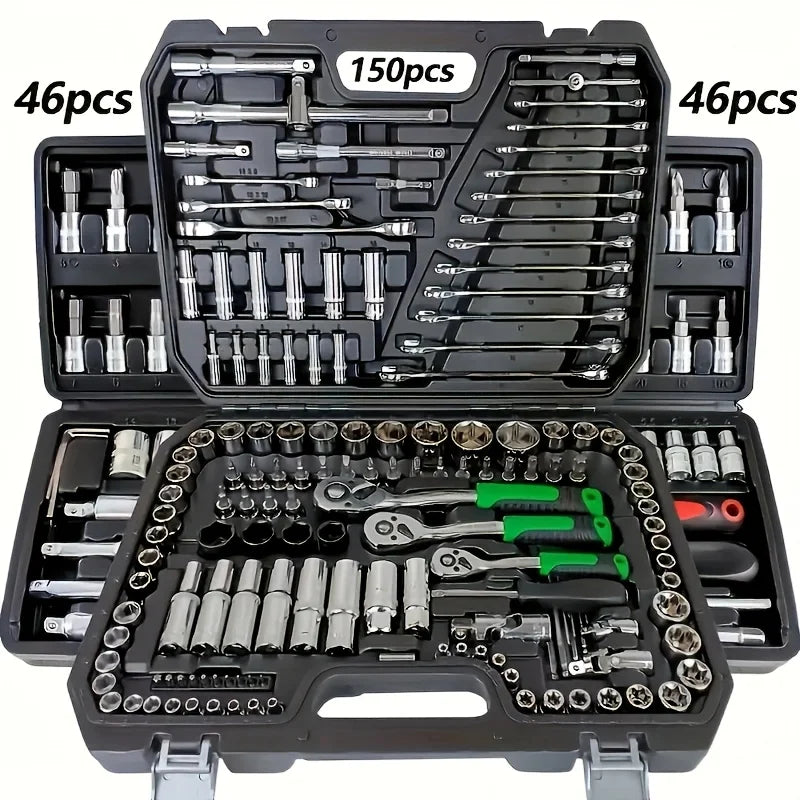 150/46 pieces of a multipurpose, auto-mechanical toolkit with a socket, wrench, and ratchet set