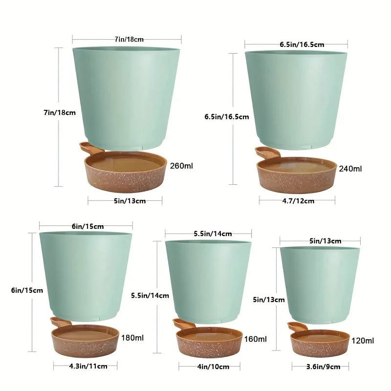 Five Nursery Planting Pot Plastic Self-Watering Planters with a Drainage Hole for Indoor Plants 7/6.5/6/5.5/5 Inches