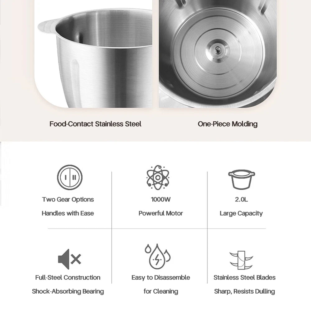 Two-speed electric stainless steel meat grinder, food processor, kitchen slicer, egg beater, and mincer for vegetables and garlic