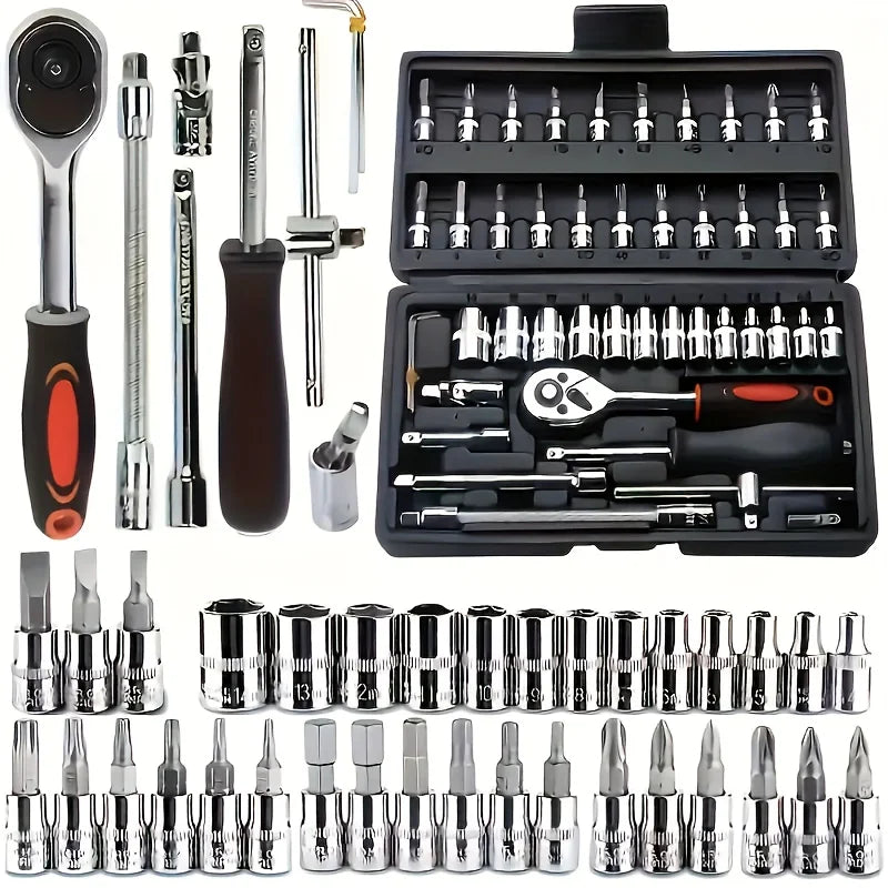 150/46 pieces of a multipurpose, auto-mechanical toolkit with a socket, wrench, and ratchet set