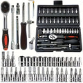 150/46 pieces of a multipurpose, auto-mechanical toolkit with a socket, wrench, and ratchet set