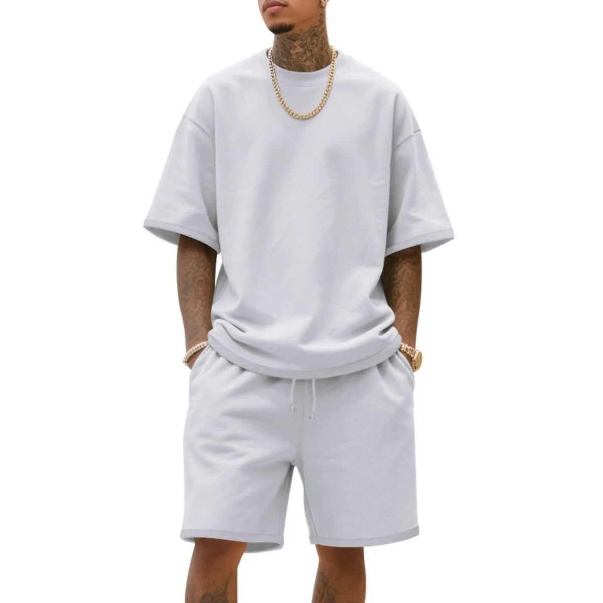 Men's Summer American-Style Loose High Street Hip-Hop Sport Short-Sleeved Set with Shorts, 100% Cotton, 2025