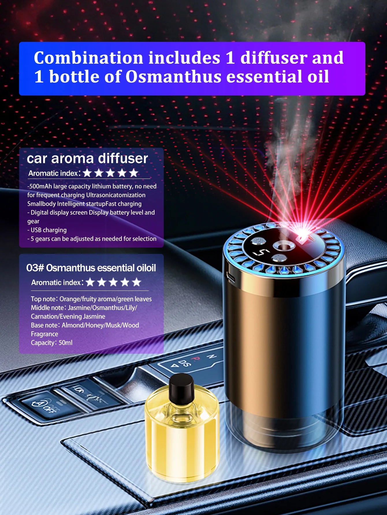 Five different kinds of essential oils, a car-mounted aroma diffuser, and a rechargeable multicoloured romantic starlight lamp