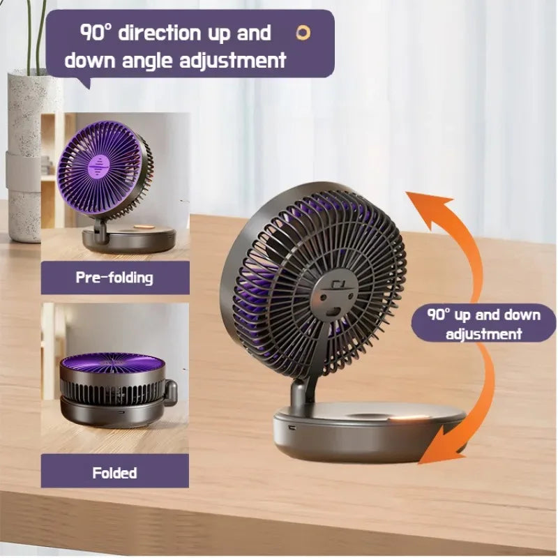 Foldable Desktop Fan, Compact Wall-Mounted Fan, Rechargeable, 4-Gear Adjustable Portable Air Circulation Fan with Warm Night Light