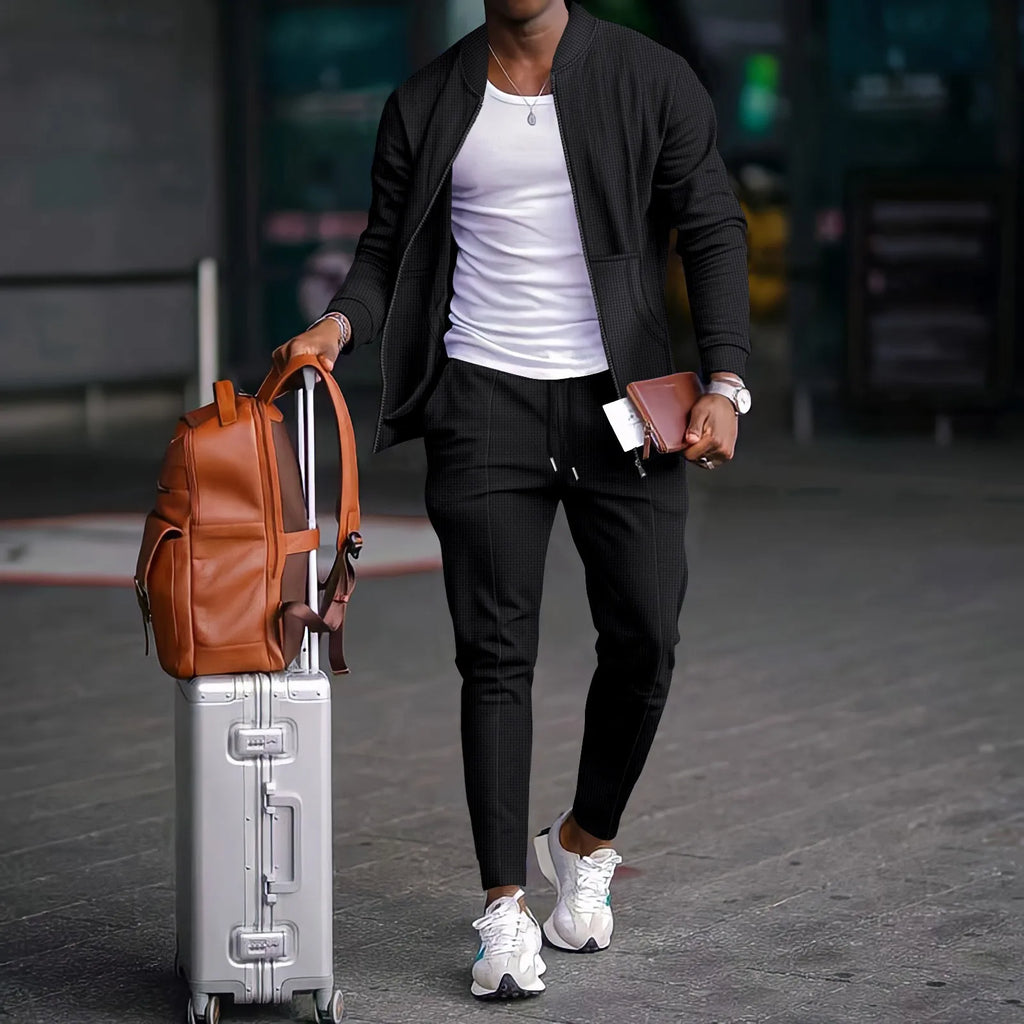 Men's stand collar, solid colour baseball casual, waffle full trousers, two men's suits, men's clothing, spring and fall 2026