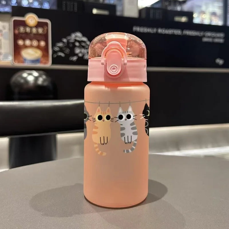 550ML Adorable Cat Print Water Bottle Straw Cup Plastic Cup for Children's Outdoor School Travel Drinking Water Bottle, 3D Printed