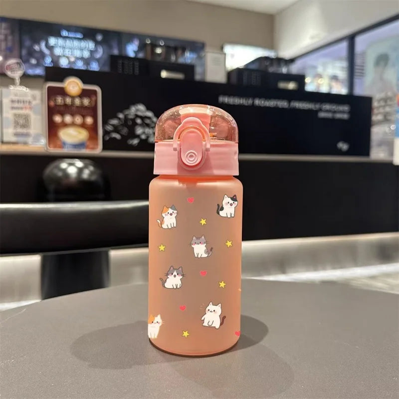 550ML Adorable Cat Print Water Bottle Straw Cup Plastic Cup for Children's Outdoor School Travel Drinking Water Bottle, 3D Printed