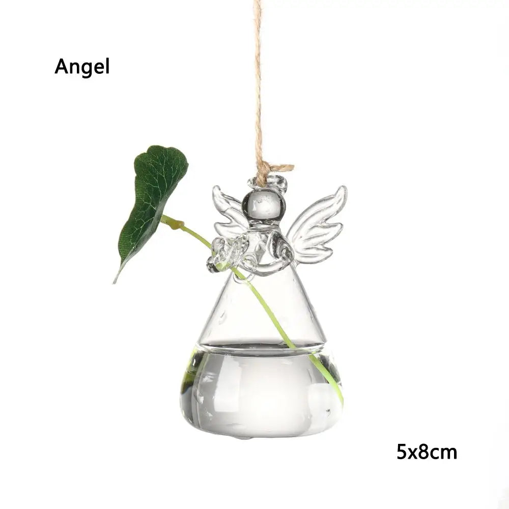 Adorable Glass Vase with Transparent Hanging Glass for Hydroponic Plant Pot Container, Birds, Angels, Peaches, and Water Droplets