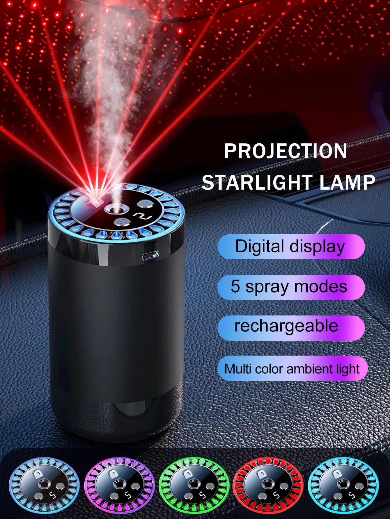 Five different kinds of essential oils, a car-mounted aroma diffuser, and a rechargeable multicoloured romantic starlight lamp