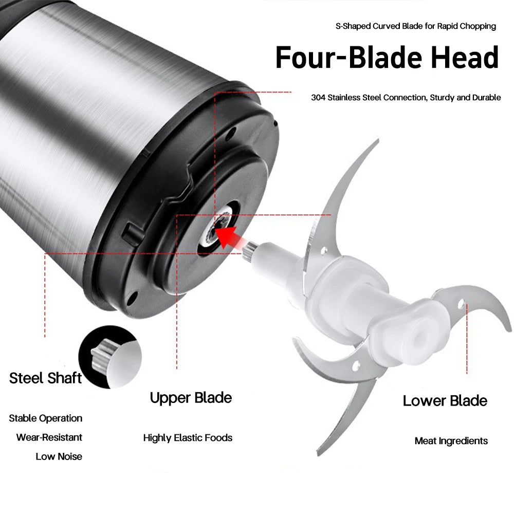 Two-speed electric stainless steel meat grinder, food processor, kitchen slicer, egg beater, and mincer for vegetables and garlic