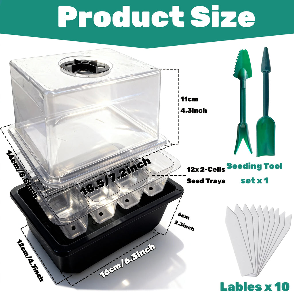 Two-pack propagation trays with a humidity dome, a 24-cell plant starter tray set, and a seed starter kit with built-in heat