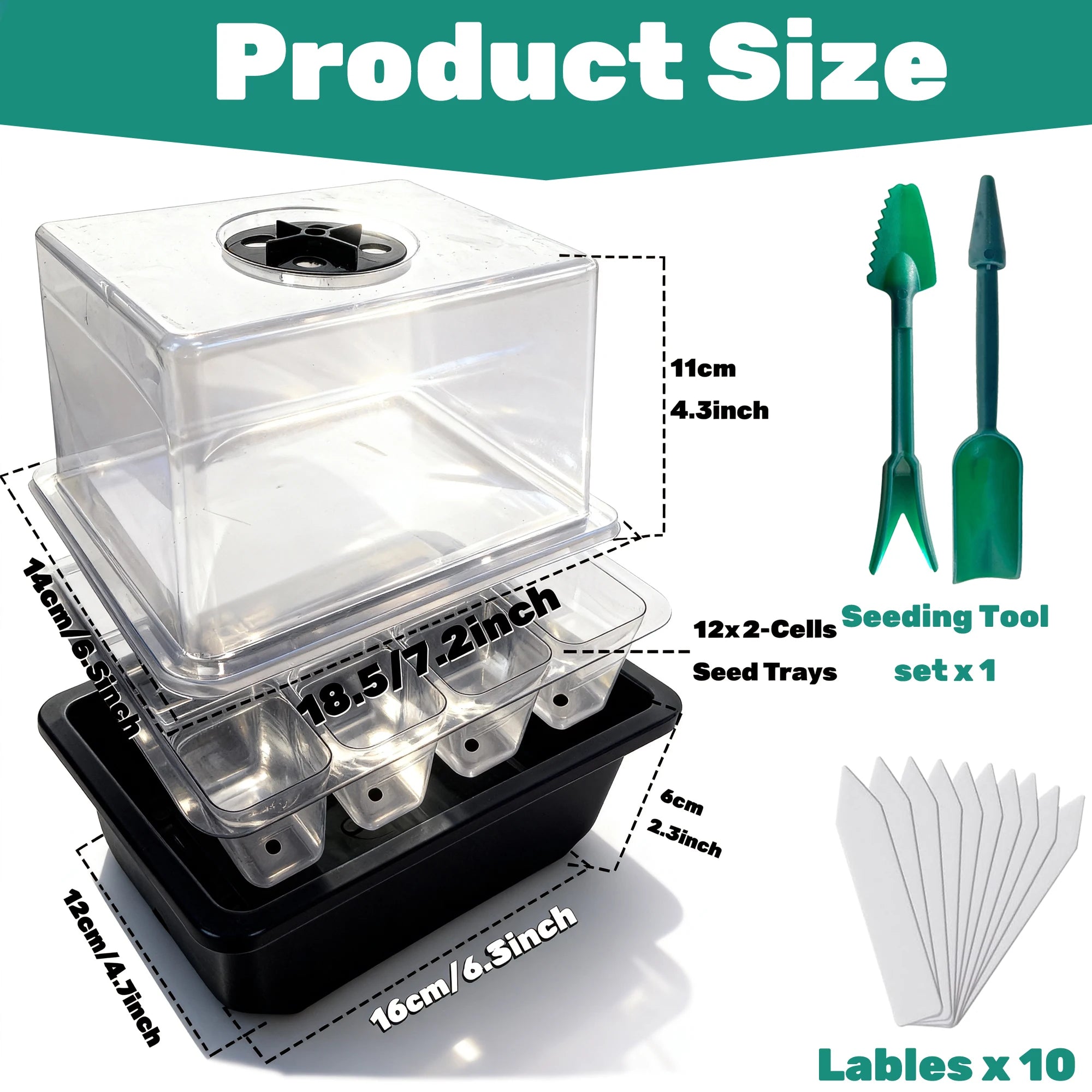 Two-pack propagation trays with a humidity dome, a 24-cell plant starter tray set, and a seed starter kit with built-in heat