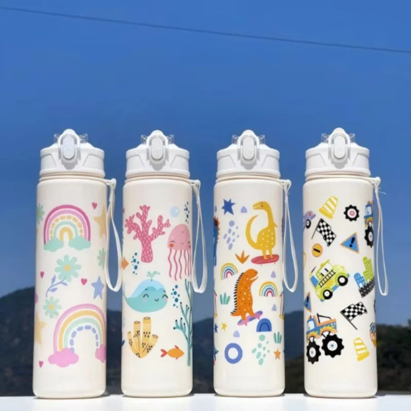 Kids' Summer Water Cup: 750ml Dinosaur Water Bottle with Silicone Straw and Leakproof Plastic Water Bottle