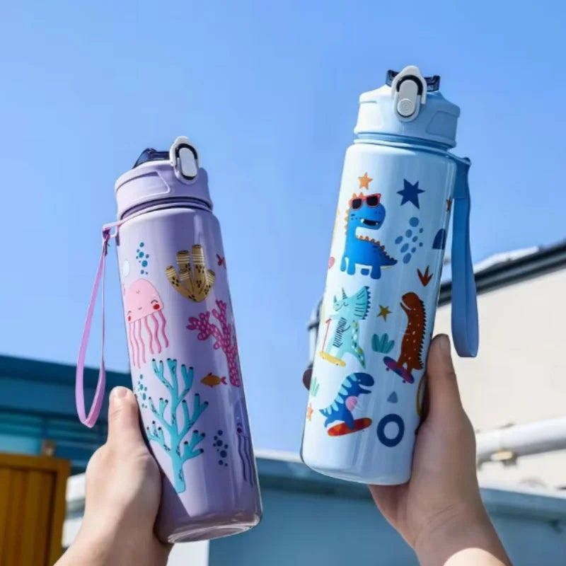 Kids' Summer Water Cup: 750ml Dinosaur Water Bottle with Silicone Straw and Leakproof Plastic Water Bottle