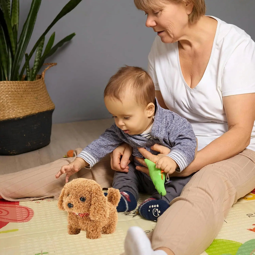 An electric puppy toy, a robotic dog, a simulated plush electronic dog, a walking and barking electronic pet, and a holiday present