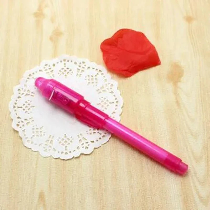 One-fourth of an invisible ink pen with a UV light, a magic marker for secret messages, treasure box prizes, party favours for kids, and toys as gifts