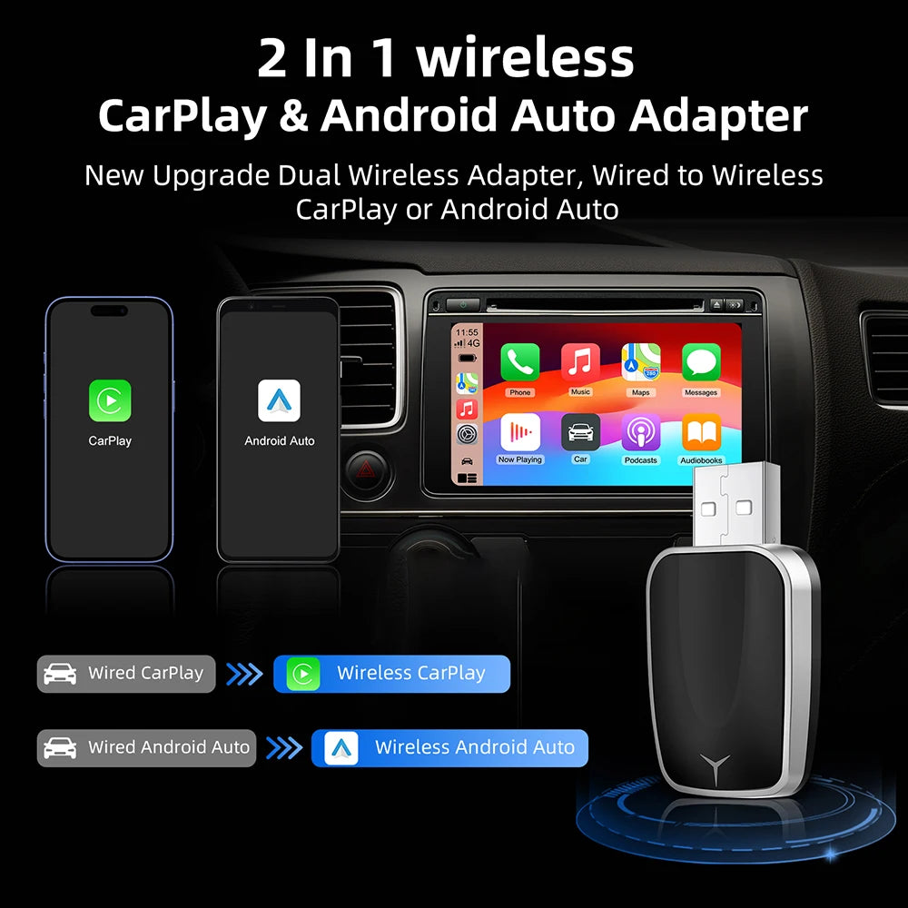 AI Smart Box Car Intelligent Systems for Wired CarPlay Cars with a 2-in-1 Wireless CarPlay Dongle and Wireless Android Auto Adapter