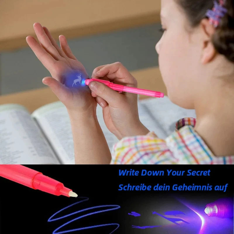 One-fourth of an invisible ink pen with a UV light, a magic marker for secret messages, treasure box prizes, party favours for kids, and toys as gifts