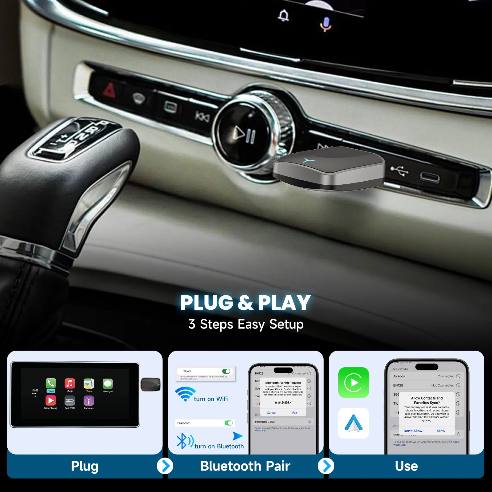 Wireless CarPlay & Android Auto Adapter, Plug-and-Play Dongle with USB-A/C Support for iOS 10+ and Android 11+