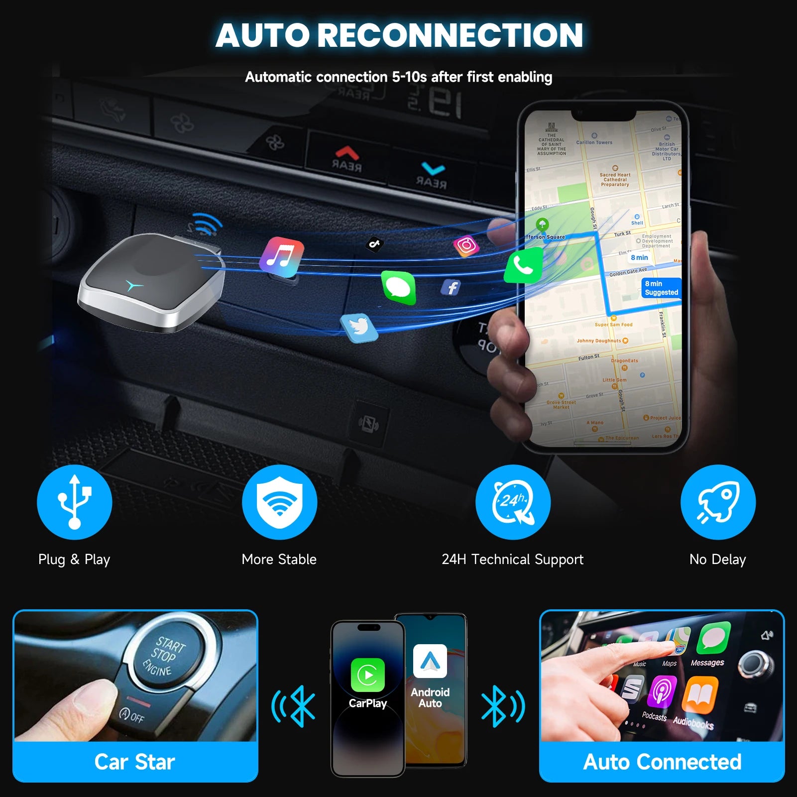 Wireless CarPlay & Android Auto Adapter, Plug-and-Play Dongle with USB-A/C Support for iOS 10+ and Android 11+
