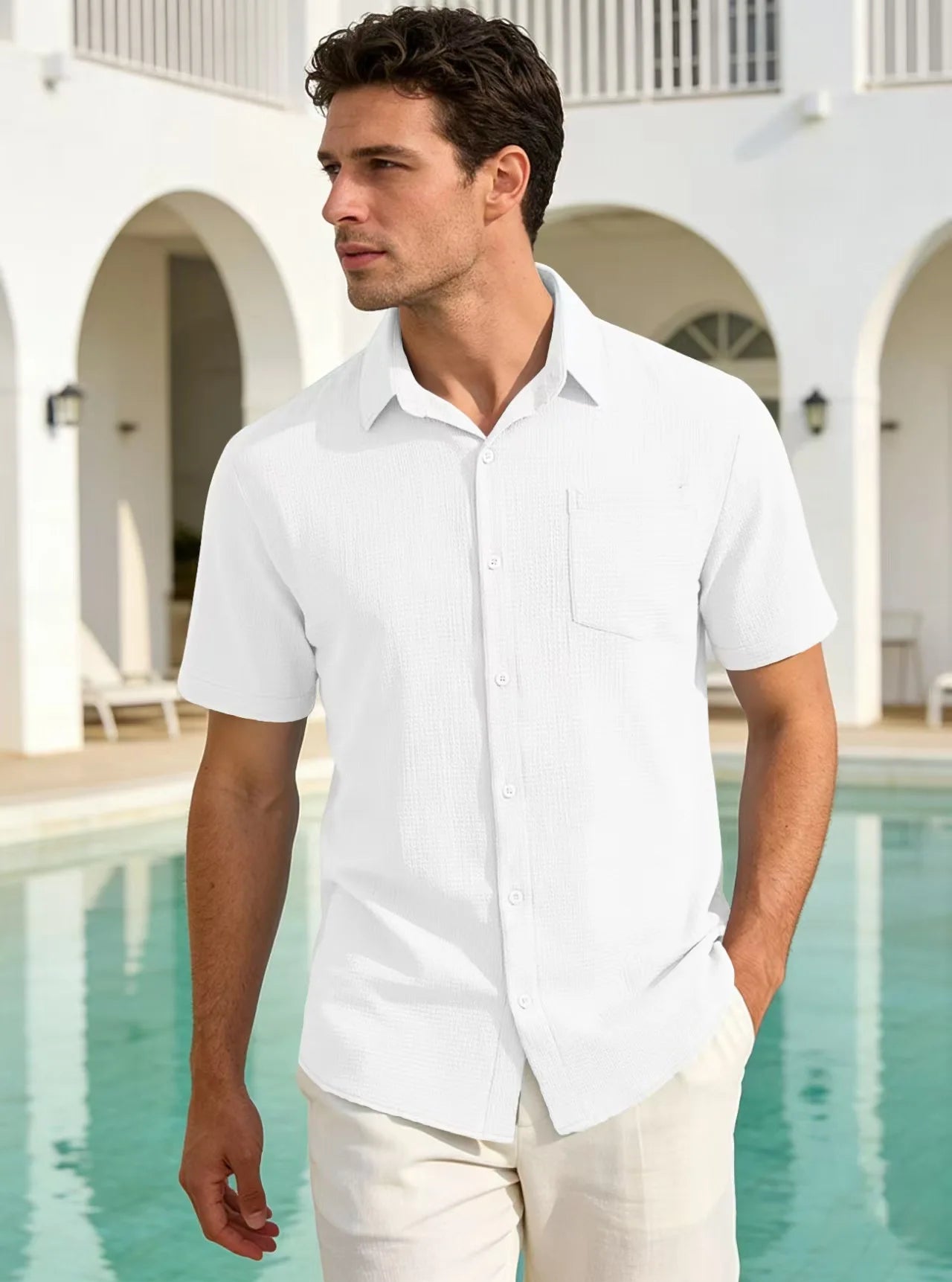 Men's Versatile Smart Casual Summer Solid Lapel Pocket Short Sleeve T-Shirt