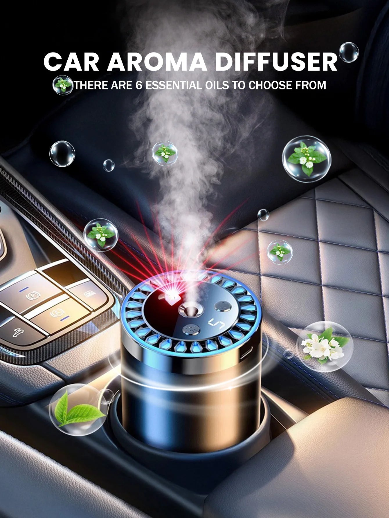 Five different kinds of essential oils, a car-mounted aroma diffuser, and a rechargeable multicoloured romantic starlight lamp