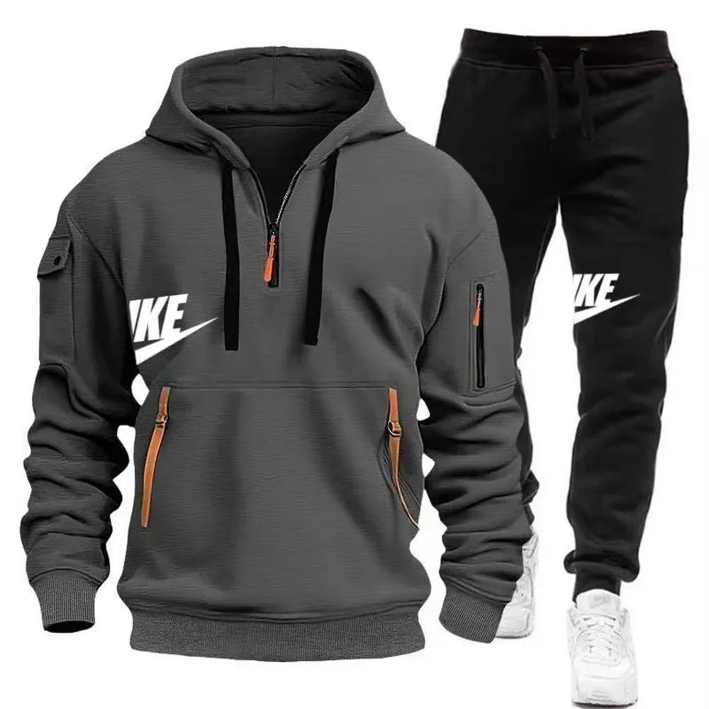 Men's casual sportswear warm suit with a zipper hoodie and trousers for autumn and winter