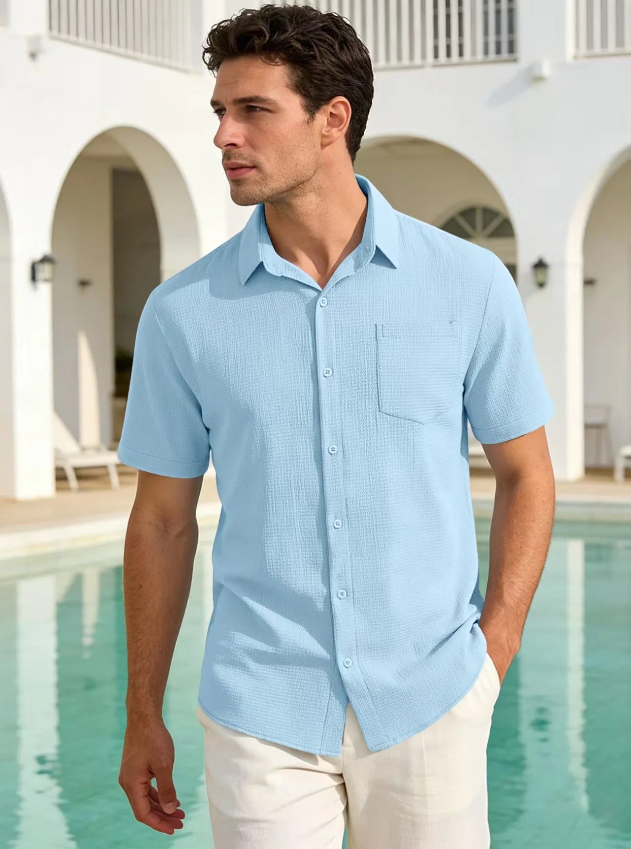 Men's Versatile Smart Casual Summer Solid Lapel Pocket Short Sleeve T-Shirt