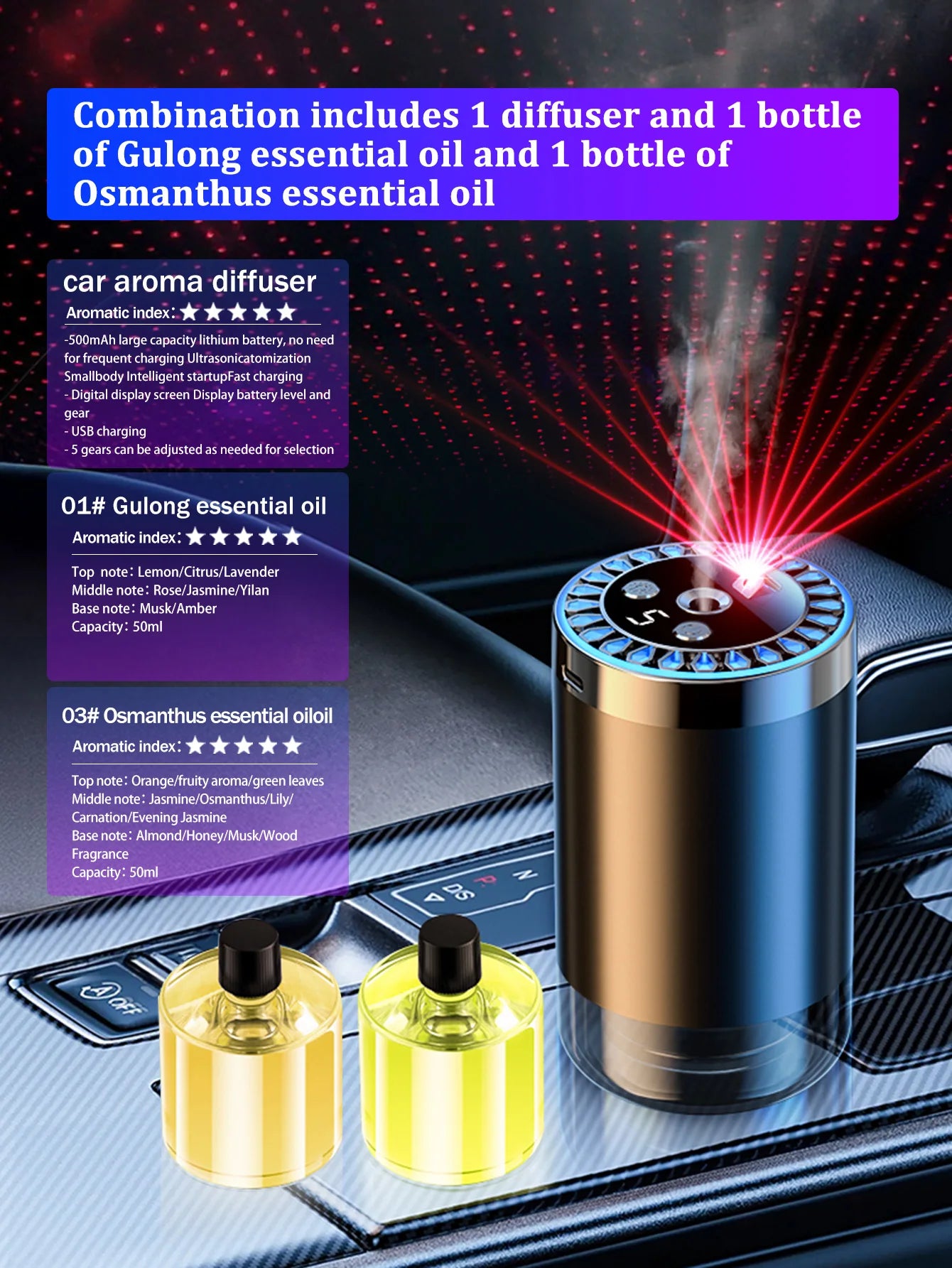 Five different kinds of essential oils, a car-mounted aroma diffuser, and a rechargeable multicoloured romantic starlight lamp