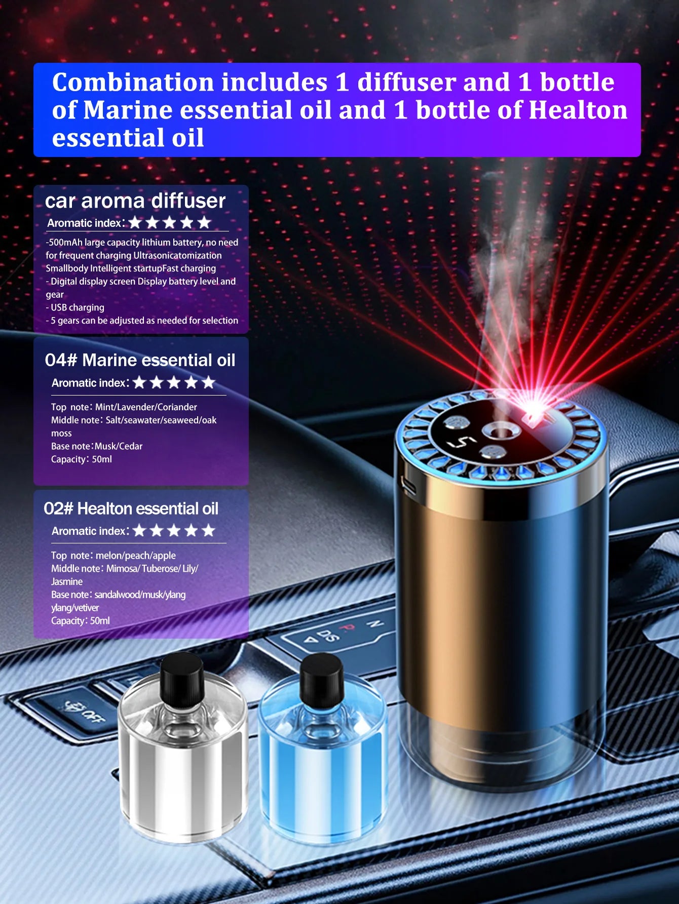 Five different kinds of essential oils, a car-mounted aroma diffuser, and a rechargeable multicoloured romantic starlight lamp