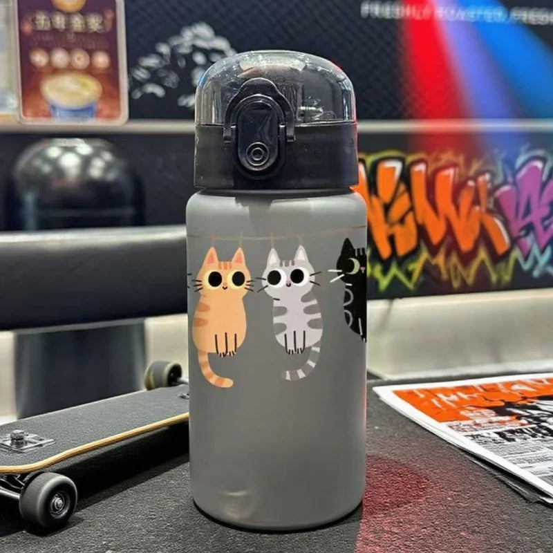 550ML Adorable Cat Print Water Bottle Straw Cup Plastic Cup for Children's Outdoor School Travel Drinking Water Bottle, 3D Printed