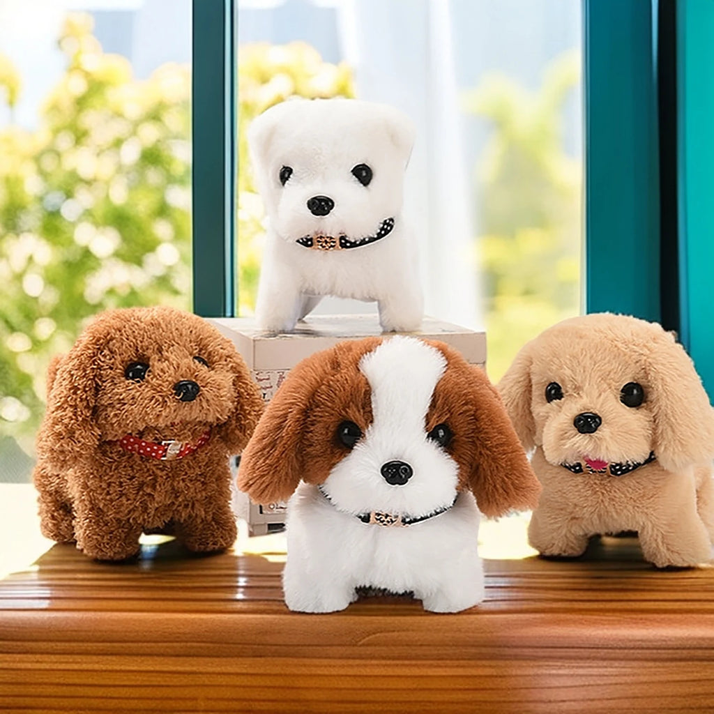 An electric puppy toy, a robotic dog, a simulated plush electronic dog, a walking and barking electronic pet, and a holiday present