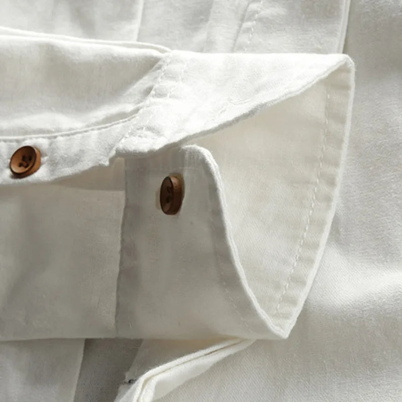 Long-sleeved, slim-fitting, solid-colored, casual, breathable, traditional men's linen cotton shirt with a Harajuku stand collar in a Japanese style