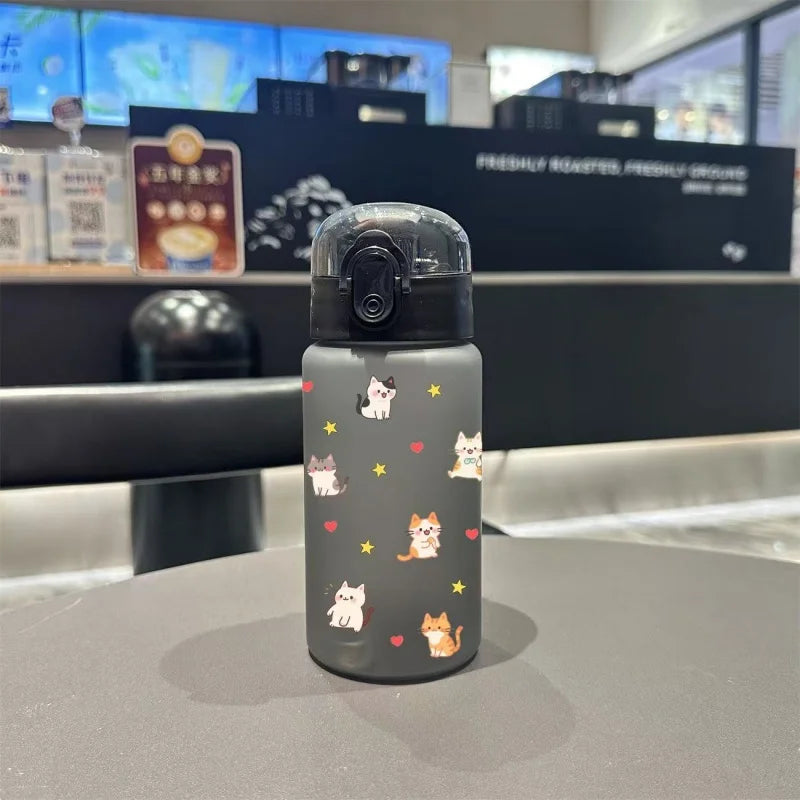 550ML Adorable Cat Print Water Bottle Straw Cup Plastic Cup for Children's Outdoor School Travel Drinking Water Bottle, 3D Printed