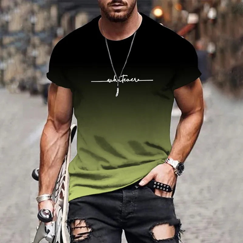 Men's Gradient Letter Printed Comfortable and Breathable Round-Neck T-Shirt for Outdoor Street Fashion in 2025